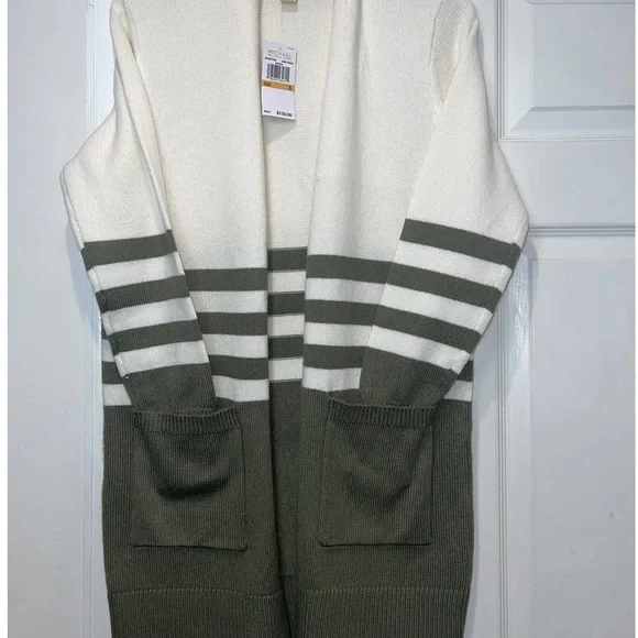 NWT‼️ Michael Kors Cream and Army Green Open Front Cardigan - Picture 6 of 7